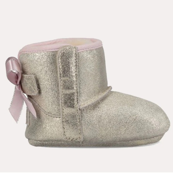 UGG Sparkly Gold Suede Kids Boots with Pink Bow & Lining - Picture 5 of 15